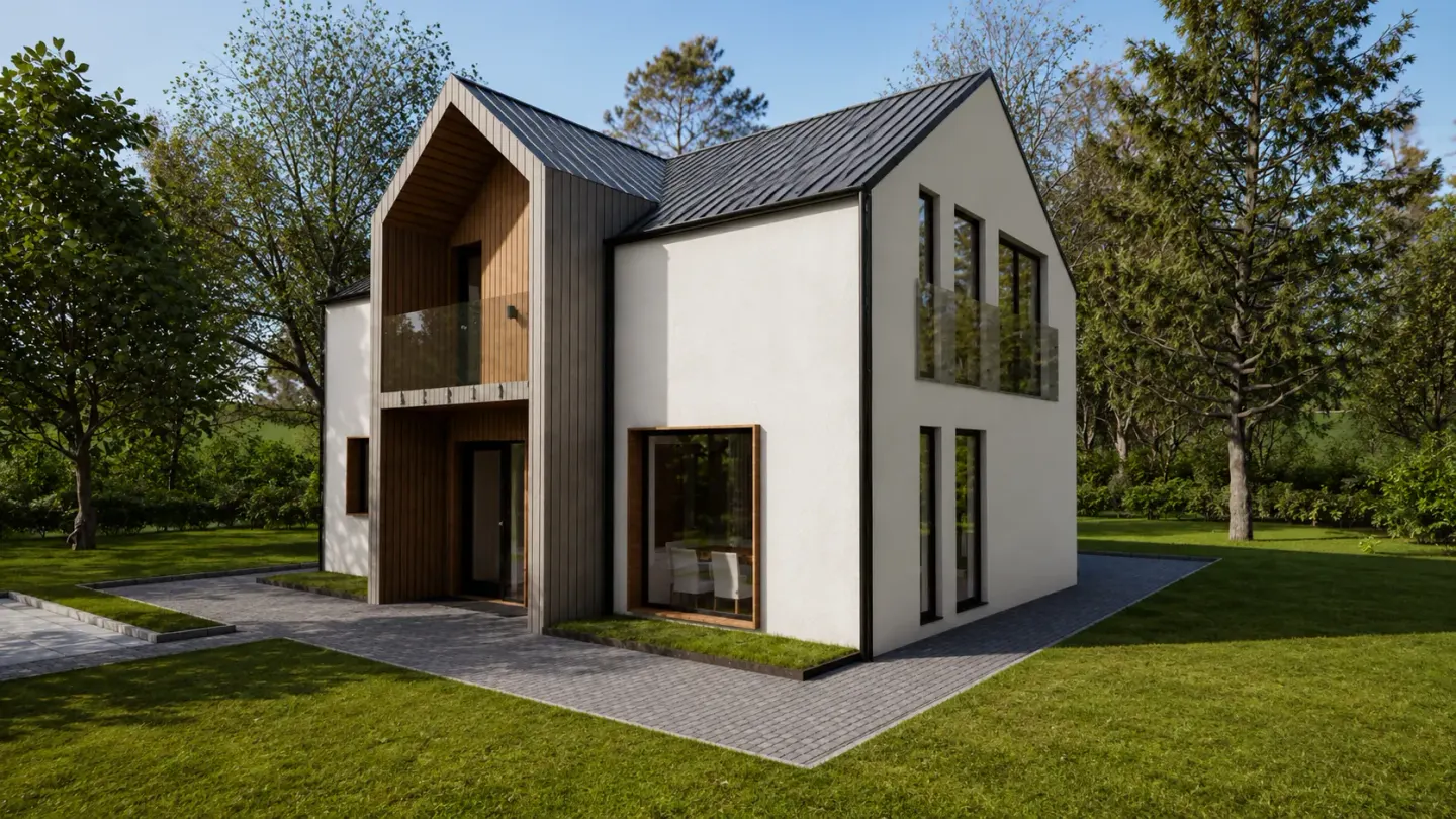 Modelul HK 02.B: casă P+M cu fronton placat cu lemn și balcon cu balustradă de sticlă