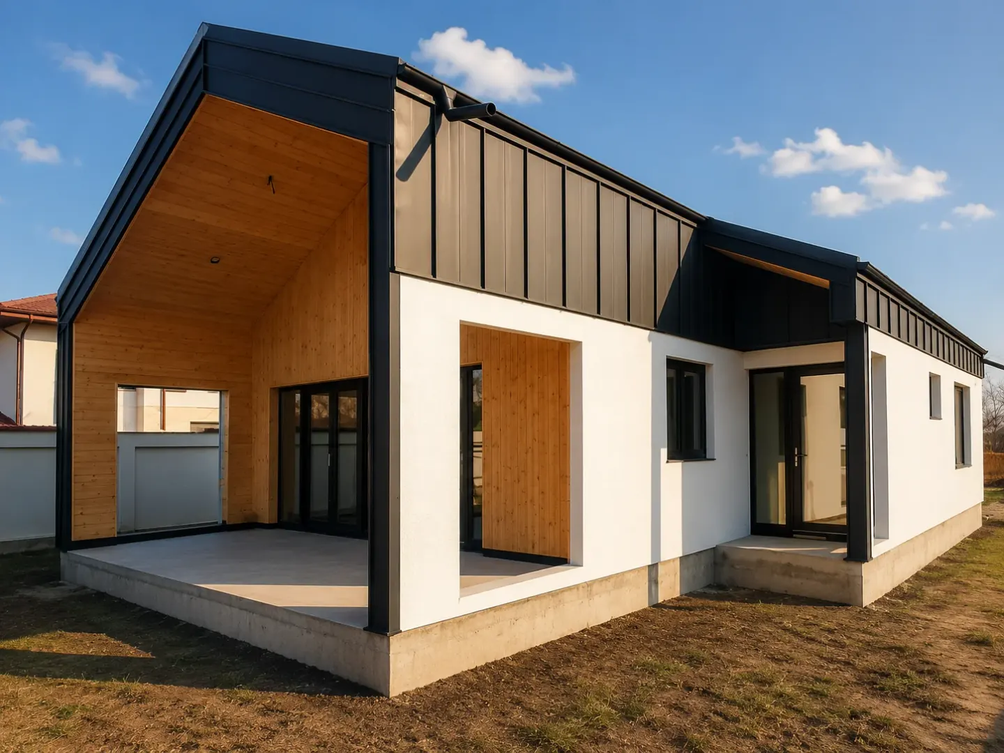 Casă pe structură de lemn cu lemn natural, tencuială albă și tablă neagră
