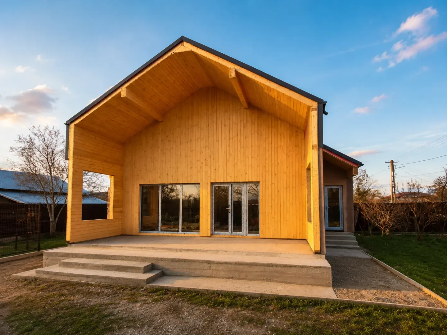 Casă pe structură de lemn cu fronton înalt și placare din lemn natural