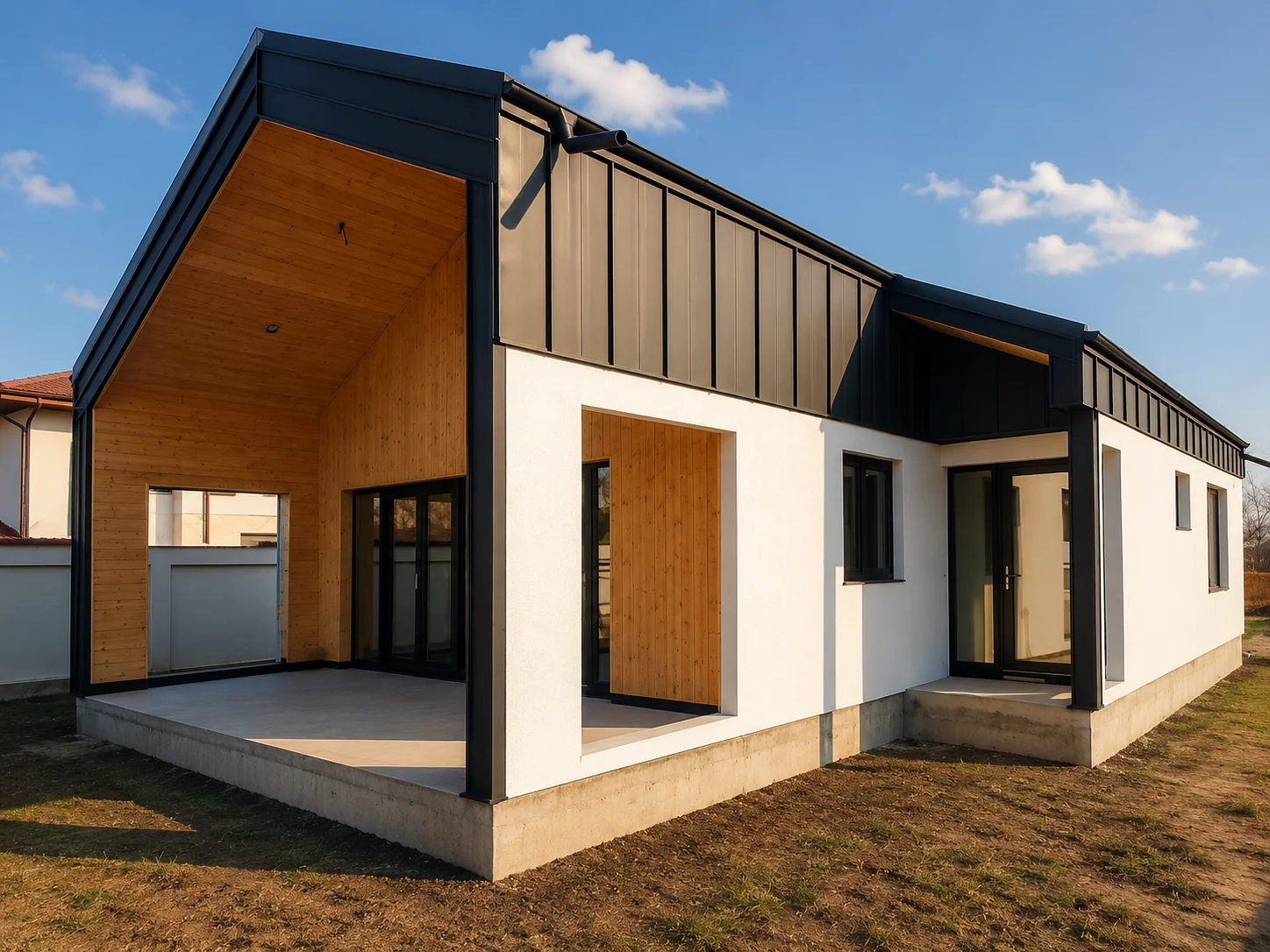 Casă pe structură de lemn cu lemn natural, tencuială albă și tablă neagră